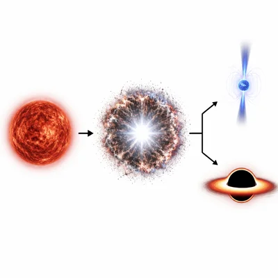 Diagram showing a massive star exploding as a supernova and leaving either a neutron star or a black hole.