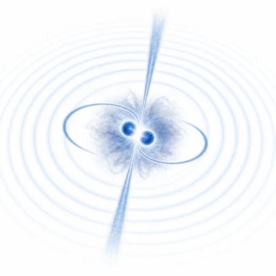 Two neutron stars merging and producing waves, jets, and an expanding burst.