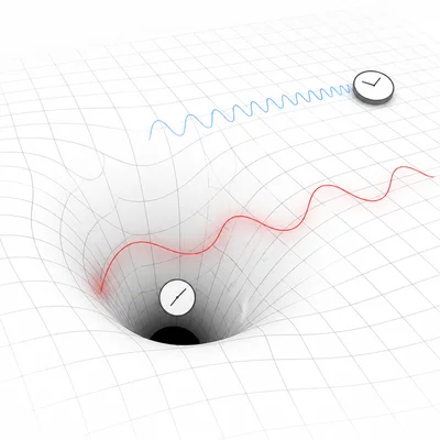 Time dilation near a black hole shown with clocks at different distances in curved spacetime.