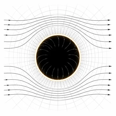 Black hole diagram showing an event horizon boundary and light paths near it.