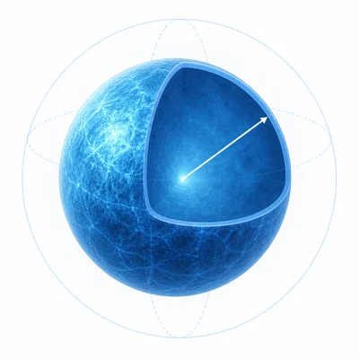 A spherical neutron star with a radius line and volume outline.