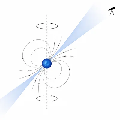 A pulsar emitting sweeping beams from a rotating neutron star.