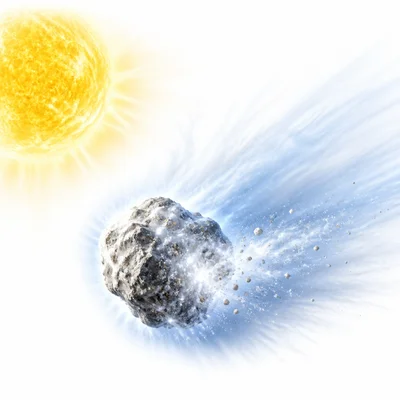 A comet near the Sun with ice, dust, gas, and a tail pointing away from the Sun.