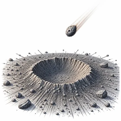 A bowl-shaped crater on a rocky surface caused by a space rock impact.