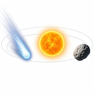 A comet and asteroid both orbit the Sun, but the comet has a tail and the asteroid is rocky.