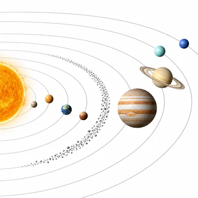 Asteroid belt shown between a small red planet and a large striped planet orbiting the Sun.