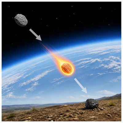 A space rock floating, glowing in the atmosphere, then landing on the ground.