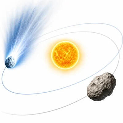 A comet with a tail compared with a rocky asteroid without a tail.