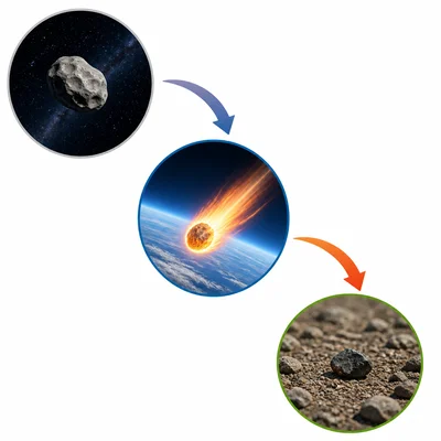 Sequence of a space rock in space, glowing in the atmosphere, and landing on the ground.
