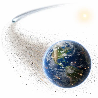 Earth passes through a comet dust trail, causing many glowing meteors.
