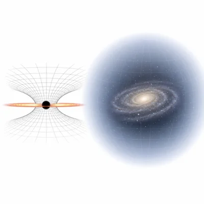 A compact black hole contrasts with a broad diffuse dark matter halo around a galaxy.