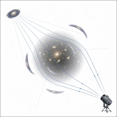Light from a distant galaxy bends around a foreground galaxy cluster, forming curved lensing arcs.