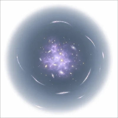 Galaxy cluster with visible galaxies inside a much larger invisible mass halo and lensing arcs.