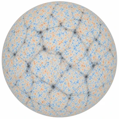 Mottled cosmic microwave background pattern with faint density clumps and web-like structure.
