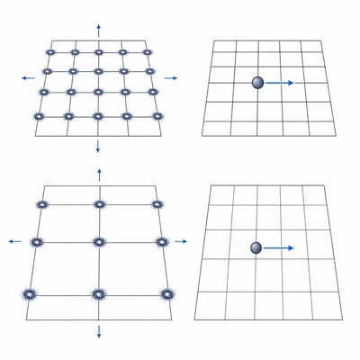 Comparison of galaxies carried apart by a stretching grid and an object moving through a fixed grid.