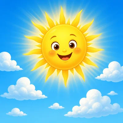 A bright yellow Sun shining in a daytime sky with clouds.