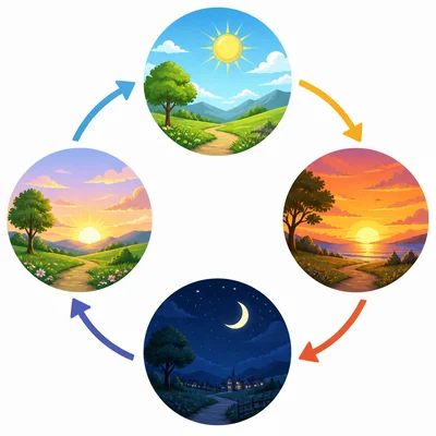 A circular cycle showing sunrise, day, sunset, and night.