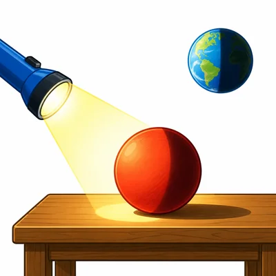 A flashlight lights one side of a ball while the other side is dark, like Earth.