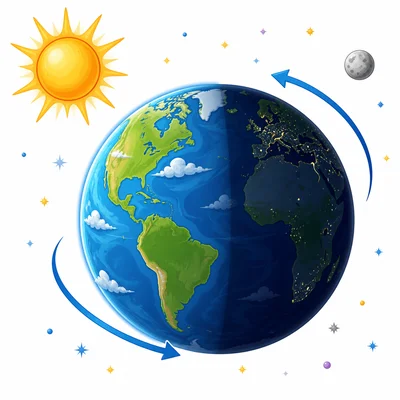 Earth rotating, with one side lit by the Sun and the other side dark.