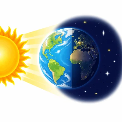 The side of Earth facing the Sun is bright while the far side is dark.