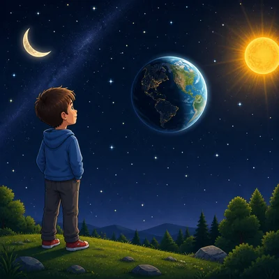 A child under a dark starry sky while their side of Earth faces away from the Sun.
