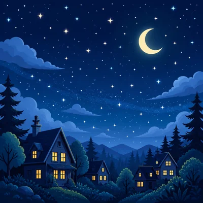 A dark night sky with stars, a crescent moon, houses, and trees.