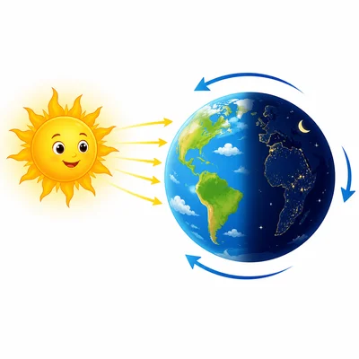 The Sun stays in place while Earth rotates, creating day and night.