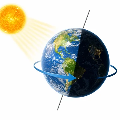 Earth spinning with one side lit by the Sun and the other side in shadow.
