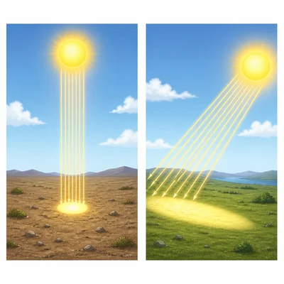 Direct high sunlight compared with low angled sunlight spread over a larger area.