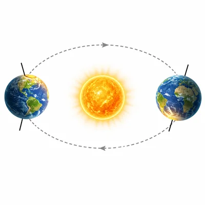 Earth on opposite sides of its orbit showing opposite hemispheres tilted toward the Sun.