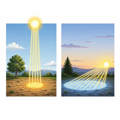 High noon Sun with direct rays compared with low Sun and slanted rays.