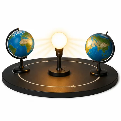Two globe-and-lamp models, one upright and one tilted, showing seasons models.