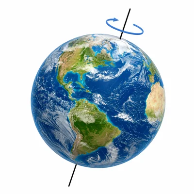 A tilted Earth with a line through its poles showing the axis of rotation.