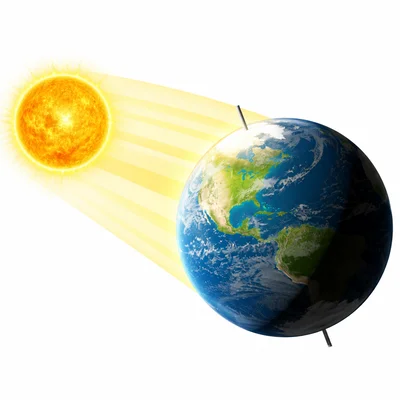 Tilted Earth showing one polar region in long sunlight and the opposite polar region in darkness.