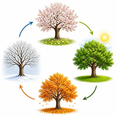 Four seasonal tree scenes arranged in a cycle from spring to summer to fall to winter.