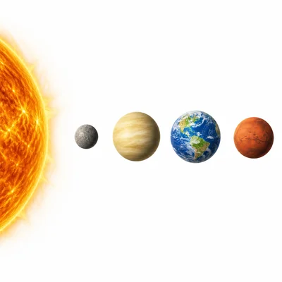 The Sun with the four inner planets shown in order from left to right.