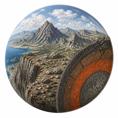 A rocky planet with a solid surface and rock layers.
