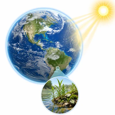 Earth with sunlight, water, atmosphere, and plants supporting life.