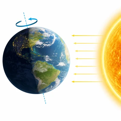 Earth rotating on its axis as sunlight creates day and night.