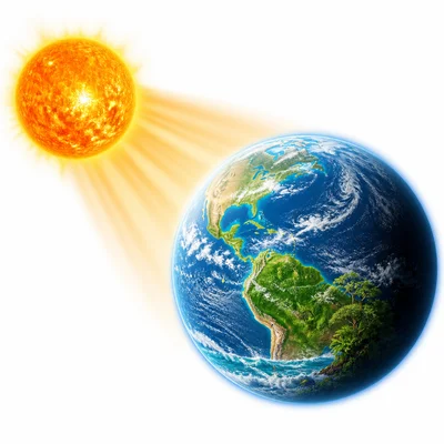 Sunlight reaching Earth with water, land, atmosphere, and plants.