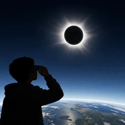 Observer on Earth seeing the Moon completely cover the Sun with a bright corona during a total solar eclipse.