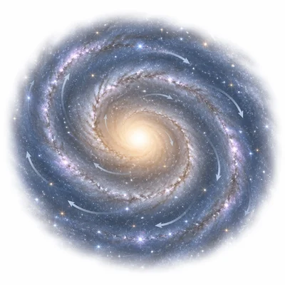 A spiral galaxy with stars, gas, dust, and curved arrows showing motion around the center.