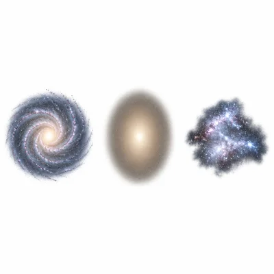 Three galaxy shapes: spiral, smooth oval, and irregular.