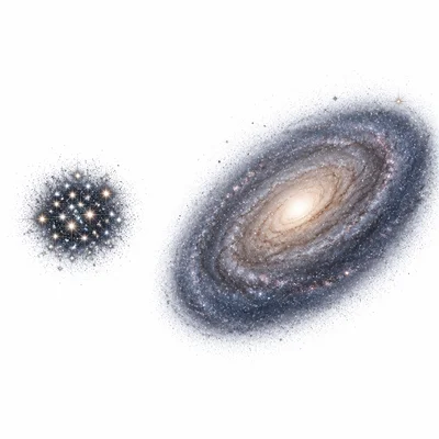 A small star cluster is shown beside a much larger spiral galaxy.