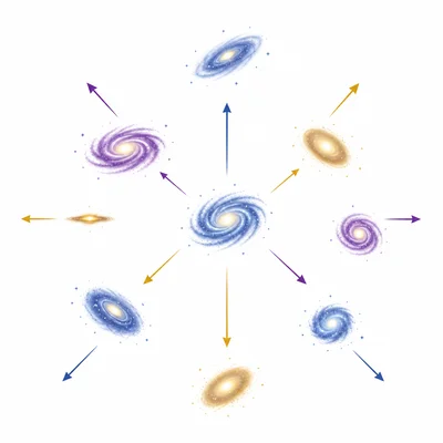 Galaxies move away from each other with arrows showing expansion.