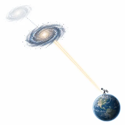 Light from a faraway spiral galaxy travels to Earth from the distant past.