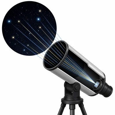 A telescope gathers many faint light rays from distant stars through a large opening.