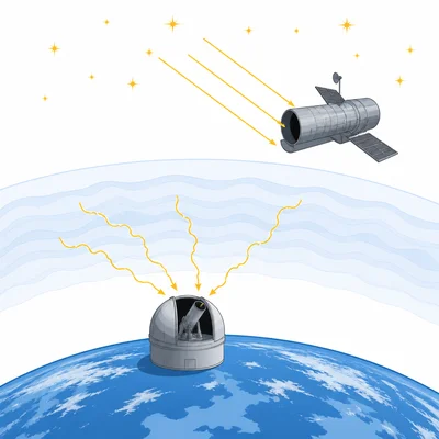 A space telescope above the atmosphere receives clearer starlight than a ground telescope.