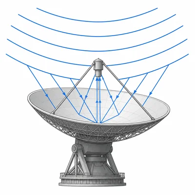 A radio telescope dish reflects incoming radio waves toward a central receiver.