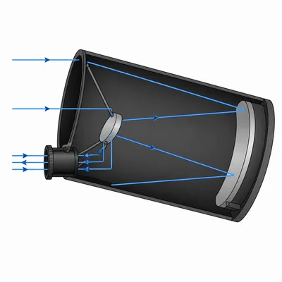 Light reflects from a curved mirror inside a reflecting telescope to form an image.